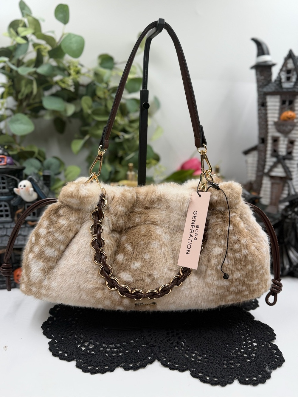 Viral BCBG Generation Fawn Print Faux Fur Shoulder Bag with Chain Detail